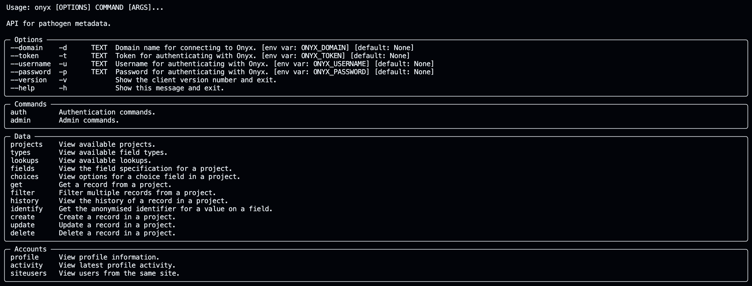 Image of the Onyx command-line interface without colours